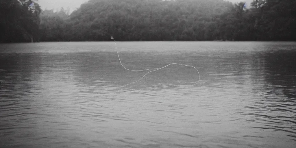 Image similar to an infinitely long rope floating to surface of water snaking across the center of the lake, overcast lake, 2 4 mm leica anamorphic lens, moody scene, stunning composition, hyper detailed, color kodak film stock