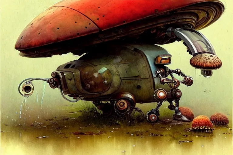 Image similar to adventurer ( ( ( ( ( 1 9 5 0 s retro future robot mouse amphibious vehical home. muted colors. swamp mushrooms ) ) ) ) ) by jean baptiste monge!!!!!!!!!!!!!!!!!!!!!!!!! chrome red