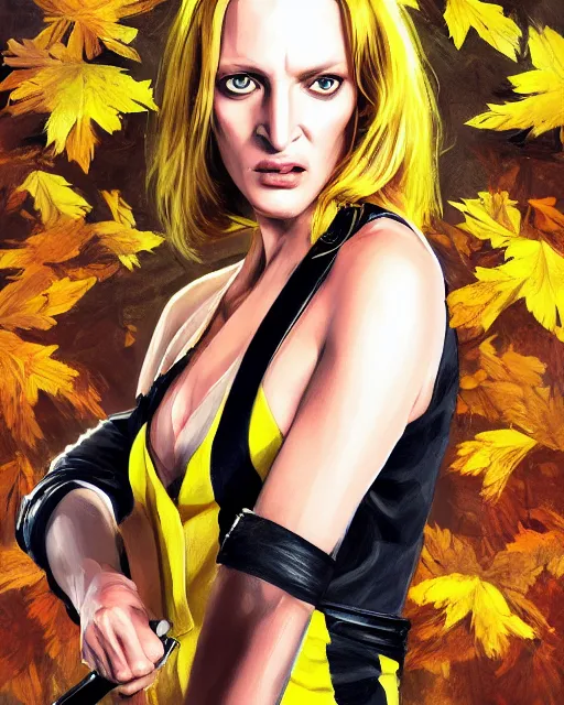 Image similar to drawing of a beautiful uma thurman in kill bill, wearing a yellow jumpsuit with a black stripe, swinging katana, beautiful confident and piercing eyes, beautiful blonde hair, hyper realistic face, with autumn leafs, in the style of greg rutkowski, amazing detail, epic, elegant, smooth, sharp focus, from the front