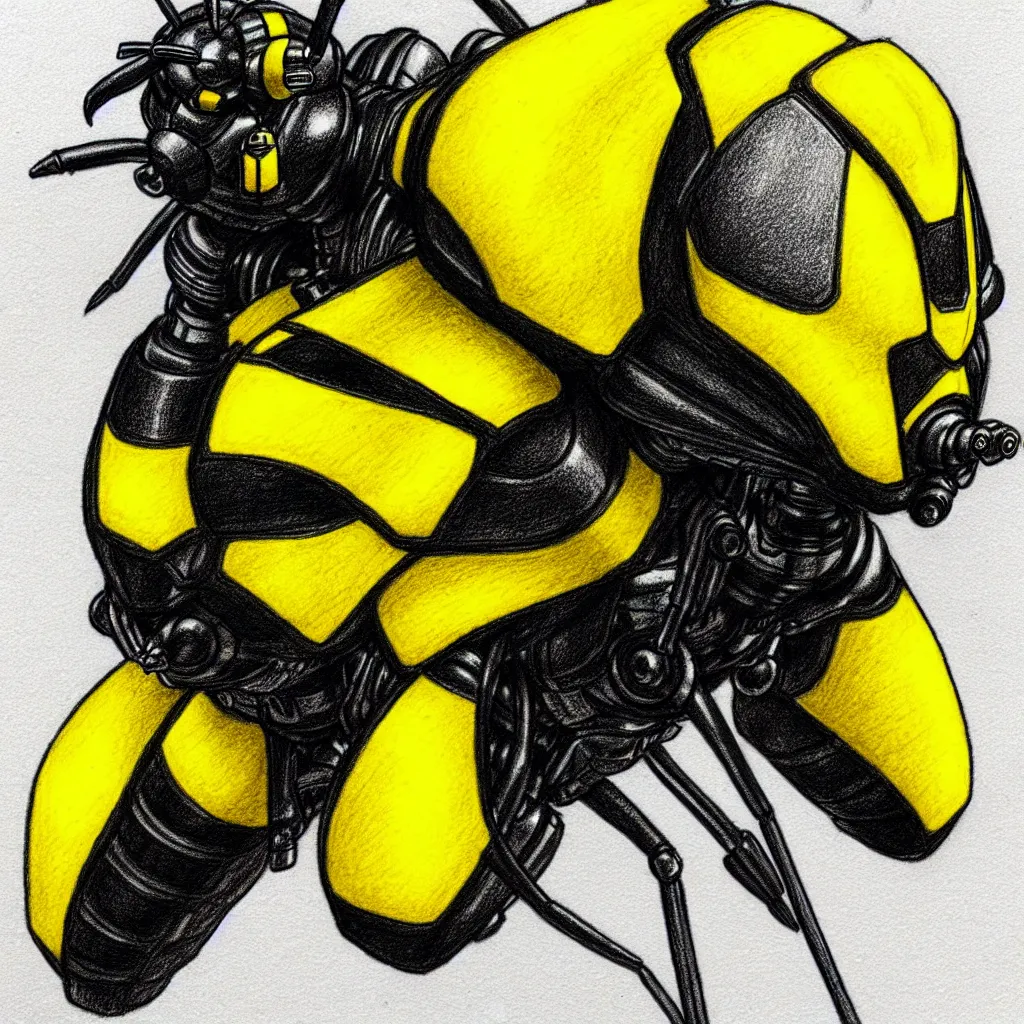 Image similar to bumblebee equipped with a jetpack, drawn with a black 0. 3 mm fineliner on a white paper