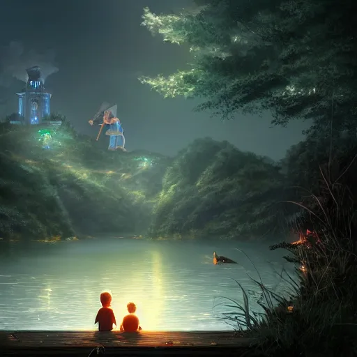 Image similar to a silver dragon and a boy sitting together next to a lake watching firefly at night in forest, concept art, dof, cryengine, digital art, detailed background, makoto shinkai