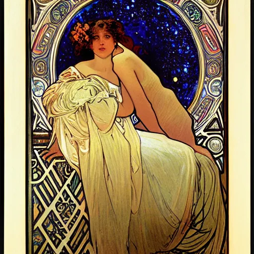 Prompt: The starry night, by Alphonse mucha, oil painting