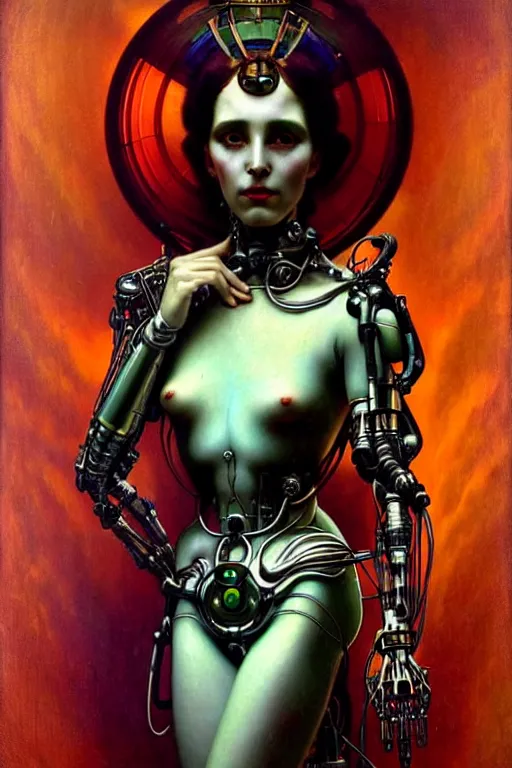 Prompt: young and beautiful evil prismatic cyborg goddess by future steichen in the style of tom bagshaw, alphonse mucha, gaston bussiere, cyberpunk. anatomically correct elegant cybernetic body mods. extremely lush detail. masterpiece. melancholic scene infected by night. perfect composition and lighting. sharp focus. high contrast lush surrealistic photorealism. sultry evil.