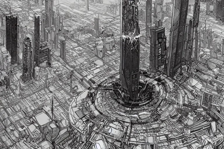 Prompt: comic book illustration, wide view of a very tall structure hovering 10 feet above the ground, the ground below it is scorched and cracked, cyberpunk concept art by Moebius, highly detailed, intricate, sci-fi, sharp focus, Trending on Artstation HQ, deviantart