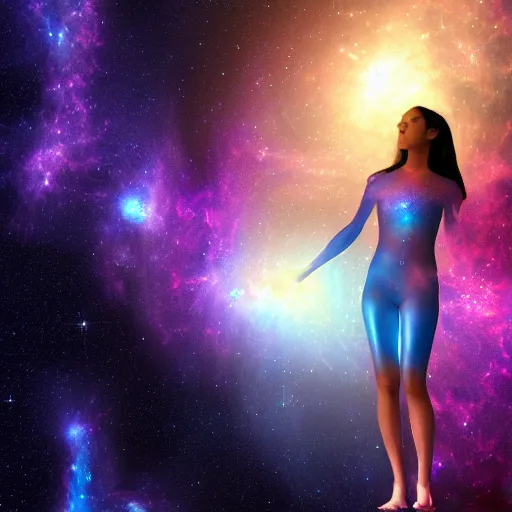 Prompt: transparent interdimensional woman made of nebula in space with hubble background, vray, 5 5 mm