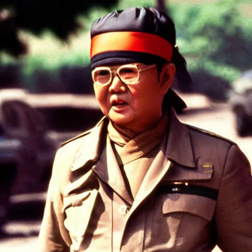 Prompt: filmstill of Kim Jong-il in the role of Rambo with head bandana, cinemascope, Eastman Color Negative 50T 5251 Neg. Film