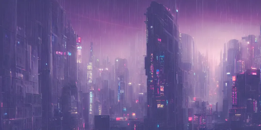 Prompt: city in the style of cyberpunk, singular gigantic building focus, space sky, anime illustration, rain, rain, rain