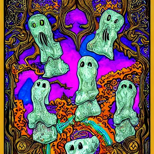 Prompt: haunted ornate ancient sinsister-looking box of ghosts| very detailed and colorful |beautiful eerie surreal psychedelic