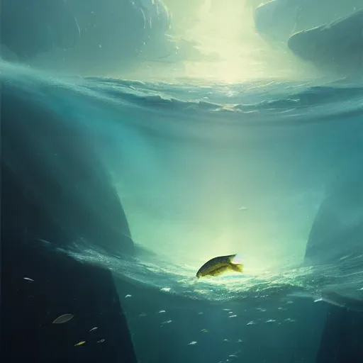 Prompt: i am at the bottom of the ocean looking up, see fishes swimming, the milk way up above, night time, midnight. highly detailed painting by, greg rutkowski 8 k