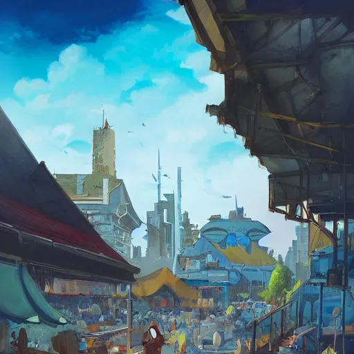 Image similar to a city market and the blue sky with clouds in the distance, in the style of peter mohrbacher