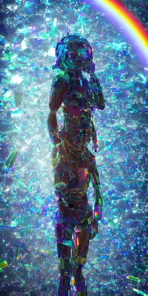 Prompt: a photo of 8k ultra realistic corrupted rainbow humanoid queen standing next to a spaceship window overlooking earth, swarm of transparent glass shards, cinematic lighting, trending on artstation, 4k, hyperrealistic, focused, extreme details, unreal engine 5, cinematic, masterpiece