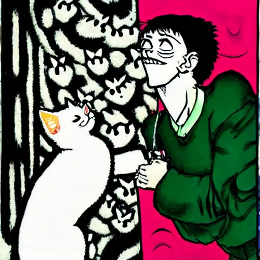 Image similar to happy cat eating a dog, manga, junji ito