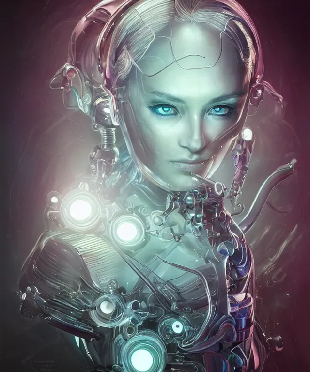 Image similar to a woman turning into an Android portrait wearing a part cybernetic body, surrealism , scifi, intricate, elegant, sharp eyebrows, ornate long flowing blonde hair, highly detailed cybernetic body, neon glowing eyes, digital painting, artstation, concept art, smooth, sharp focus, illustration, art by Artgerm and moebius and Peter Mohrbacher