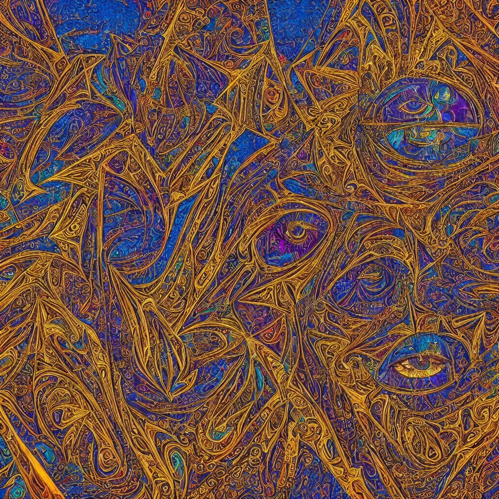 Prompt: egyptian secrets pharaohs and all seeing eye, by, greg hildebrandt, lsd, psychedelic, intricate, fractal, illusion, trippy, 8 k, highly detailed