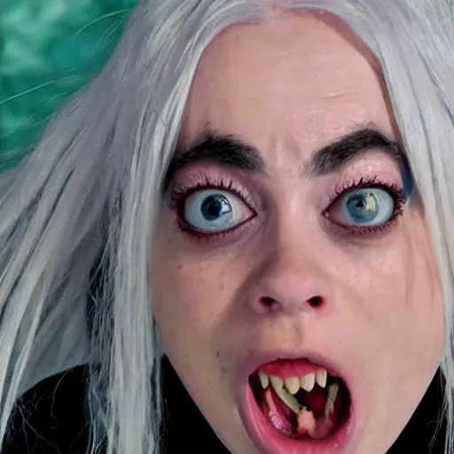 Prompt: bald billie eilish screaming with mouth full of snails