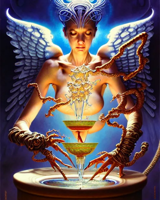 Image similar to an angel pouring water between two cups, tarot card, fantasy character portrait made of fractals, ultra realistic, wide angle, intricate details, the fifth element artifacts, highly detailed by peter mohrbacher, hajime sorayama, wayne barlowe, boris vallejo, aaron horkey, gaston bussiere, craig mullins