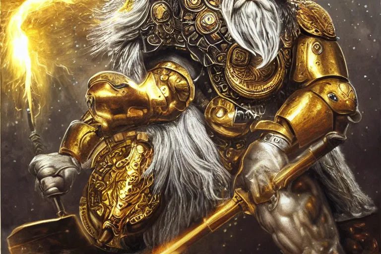 Image similar to mythological angry odin all father supreme God of thunder and smithing and artificial intelligence creating an artificial neural network with gold synapses on an anvil with his mighty hammer, high resolution, award winning art, trending on art station, sharp image, incredibly detailed, detailed character, realistic painting, hyperrealistic painting