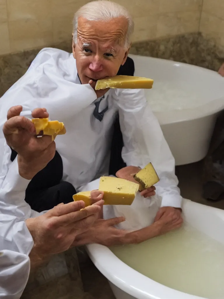 Prompt: Joe Biden eating cheese in a bathtub