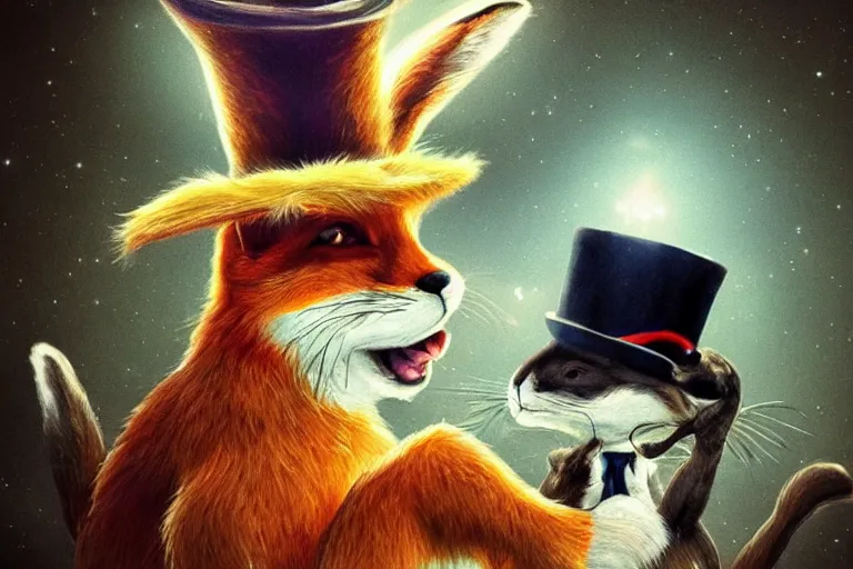 Image similar to the fox in the top hat whispered into the ear of the rabbit. photo - realistic hd, hyperrealism, colourful, highly detailed, cinematic, luminescence, 3 2 k, dop, high contrast, intricate, mystery, epic, fantasy