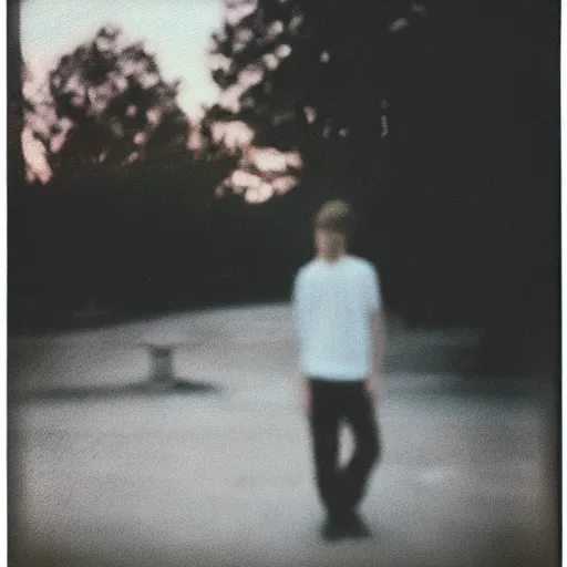 Image similar to instant photograph of a young person, looking to the camera, face only, polaroid, raw, beautiful, nostalgic, light leak, sunset, clouds, park