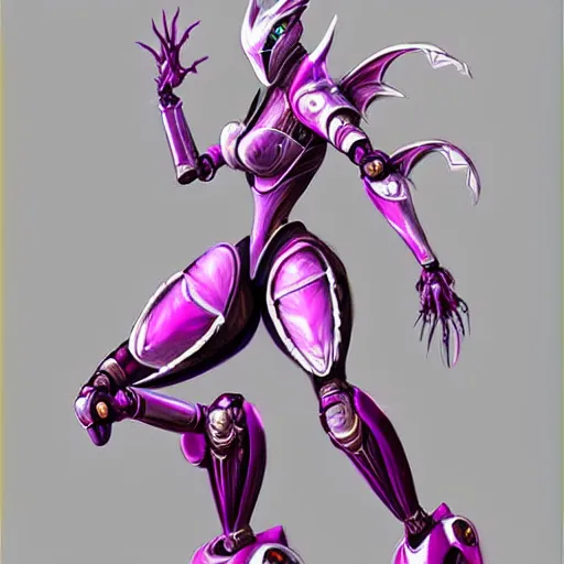 Image similar to highly detailed realistic exquisite fanart, of a beautiful female warframe, but as an anthropomorphic elegant robot female dragon, glowing eyes, shiny and smooth off-white plated armor, bright Fuchsia skin beneath the armor, sharp claws, well designed robot dragon four fingered hands, and sharp elegant robot dragon three clawed feet, royal elegant pose, full body and head shot, epic cinematic shot, professional digital art, high end digital art, DeviantArt, artstation, Furaffinity, 8k HD render, epic lighting, depth of field