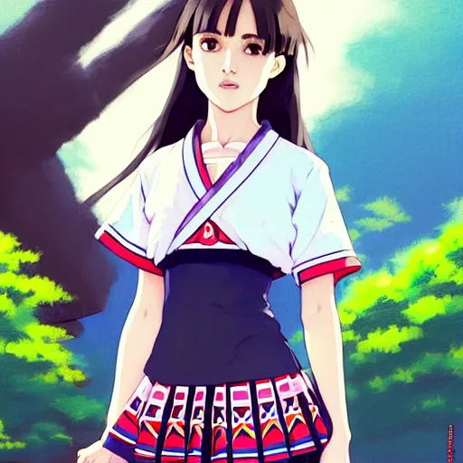 Image similar to a beautiful! boyish! natalie portman alluring gravure! model, wearing japanese school girl outfit with mayan pattern and native style, aztec street fashion, gapmoe yandere grimdark, trending on pixiv fanbox, painted by greg rutkowski makoto shinkai takashi takeuchi studio ghibli, akihiko yoshida