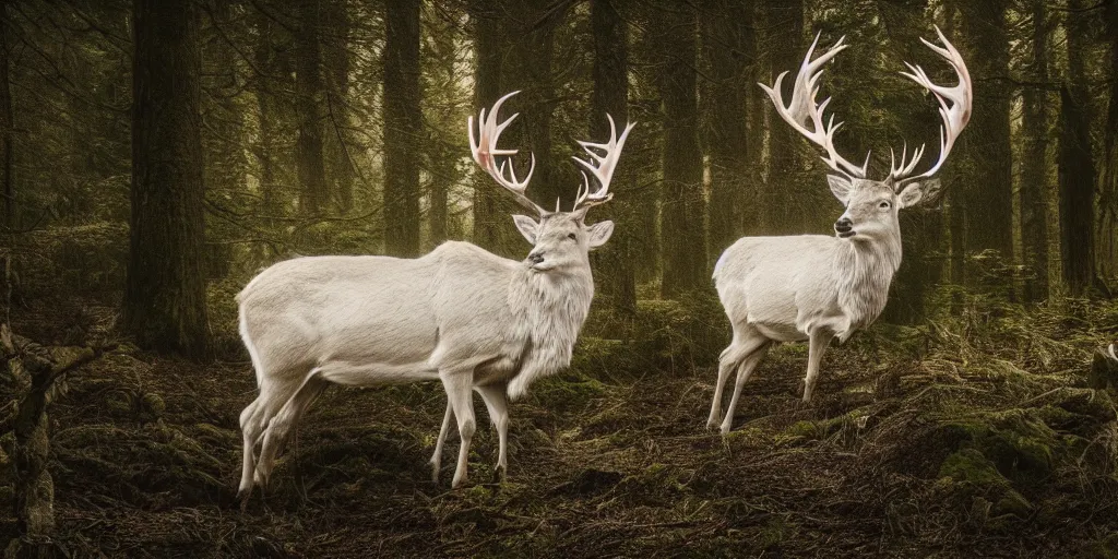 Image similar to king of the forest, a white stag, beautiful, fantasy, hyper realistic, dramatic lighting, cinematic, 3 5 mm lens, 8 k,