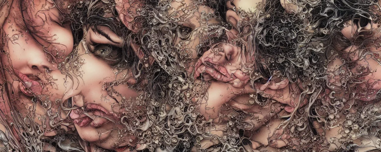 Image similar to closeup of face melting and tongues, by yoichi hatakenaka, masamune shirow, josan gonzales and dan mumford, ayami kojima, takato yamamoto, karol bak