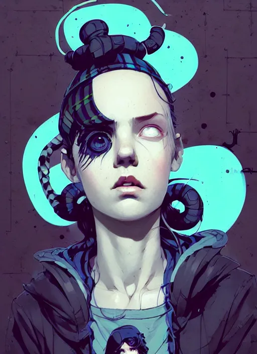 Image similar to highly detailed portrait of a sewer punk lady, tartan hoody, ringlet hair by atey ghailan, by greg rutkowski, by greg tocchini, by james gilleard, by joe fenton, by kaethe butcher, gradient light blue, black, cream and white color scheme, grunge aesthetic!!! ( ( graffiti tag wall background ) )