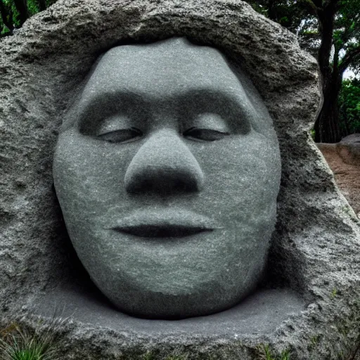 Image similar to by brothers grimm vaporwave. a art installation of a large granite boulder carved to resemble a human face. the nose is slightly upturned, & the eyes & mouth are closed.
