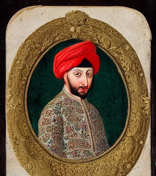 Prompt: 1 8 th century ottoman portrait of a filthy sultan with a turban, living in a giant palace, highly detailed