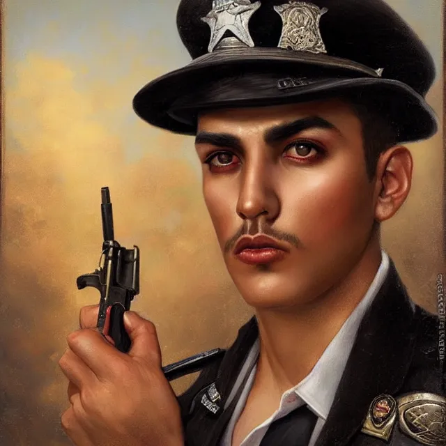 Image similar to portrait of a handsome mexican policeman, art by tom bagshaw and manuel sanjulian and franz xaver kosler