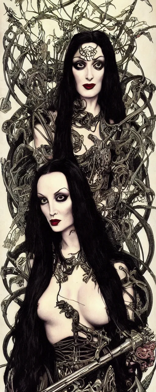 Image similar to striking sensual gorgeous thrash metal art nouveau portrait of morticia addams as a grindcore death metal rebel soldier by chris achilleos, giger, simon bisley and alphonse mucha, photorealism, extremely hyperdetailed, perfect symmetrical facial features, perfect anatomy, ornate declotage, excited expression, wild eyes