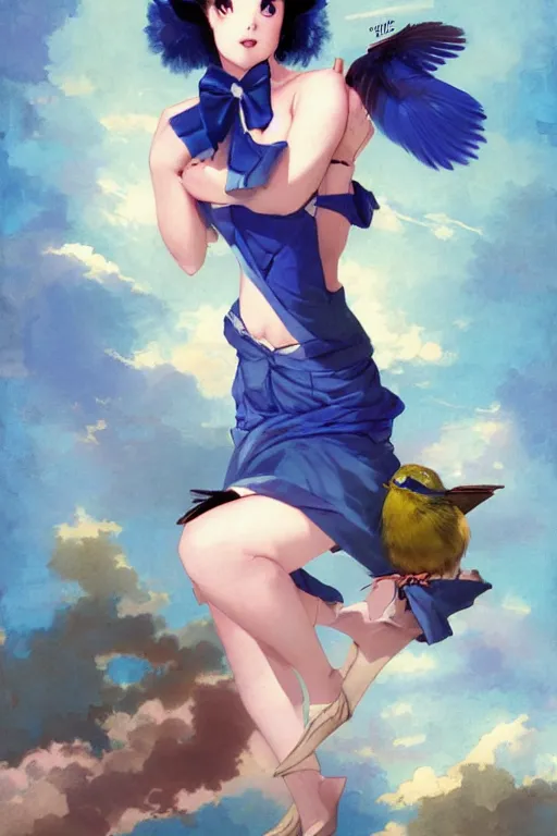 Image similar to anime pinup girl, shes holding an indigo bunting, bird, the bird is wearing a bowtie, by greg rutkowski, rossdraws, gil elvgren, enoch bolles, anime, porcelain skin, very coherent