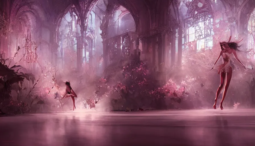 Prompt: victoria secret runway show, light, shadows, reflections, flowers, epic composition, intricate, elegant, volumetric lighting, digital painting, highly detailed, artstation, sharp focus, illustration, concept art, ruan jia, steve mccurry, james jean, peter andrew jones, greg rutkowski, raymond swanland, concept art, iconic