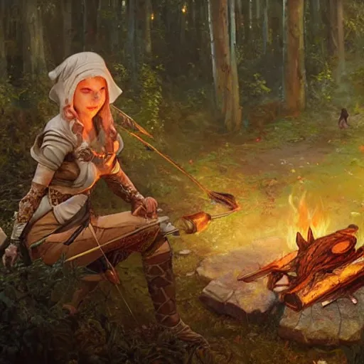 Image similar to An female elf ranger cooking a giant rat over a campfire, D&D, fantasy, intricate, highly detailed, oil painting, artstation, Greg Rutkowski, Artgerm, Alphonse Mucha, WLOP
