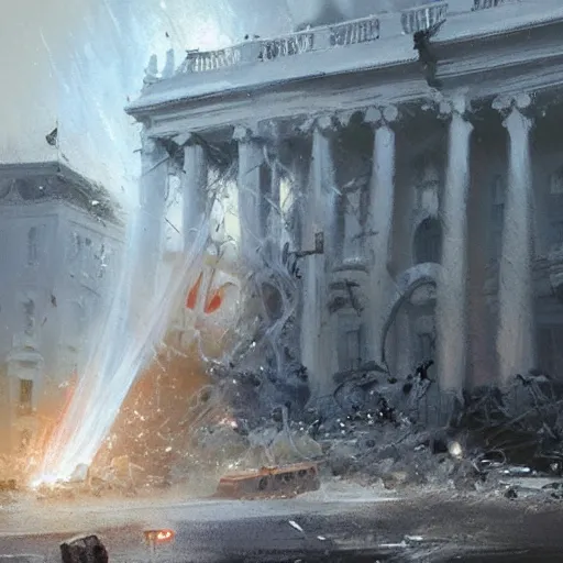 Prompt: the white house being exploded, tragic, beautiful, craig mullins, historic