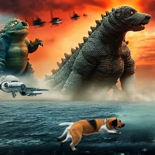 Image similar to masive 1 0 0 meters beagle dog versus godzilla over the sea, epic cinematic, 4 k, very high detail