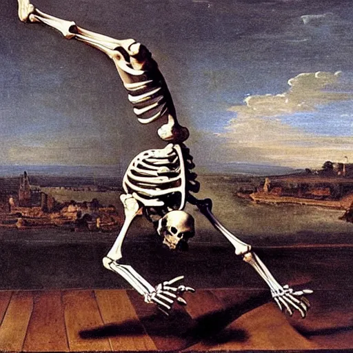 Image similar to a skeleton doing a handstand, baroque painting