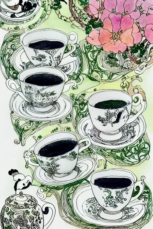 Prompt: tea cups, tea set on table with flowers, white rabbit, detailed art by kay nielsen and walter crane and h j ford, black and white illustration style, watercolor