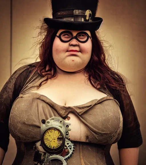 Prompt: portrait of a steampunk fat woman, volumetric lighting, cinematic,4k,35mm,street photo, epic