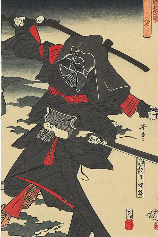 Prompt: Japanese woodblock print of Darth Vader wielding a samurai sword , Hokusai