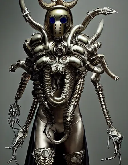 Prompt: still frame from Prometheus by Giger, which king Dr doom in ornate bio cybernetic bone and opal armour and horned helmet by Wayne Barlowe by peter Mohrbacher, dressed by Alexander McQueen and by Neri Oxman, metal couture hate couture editorial