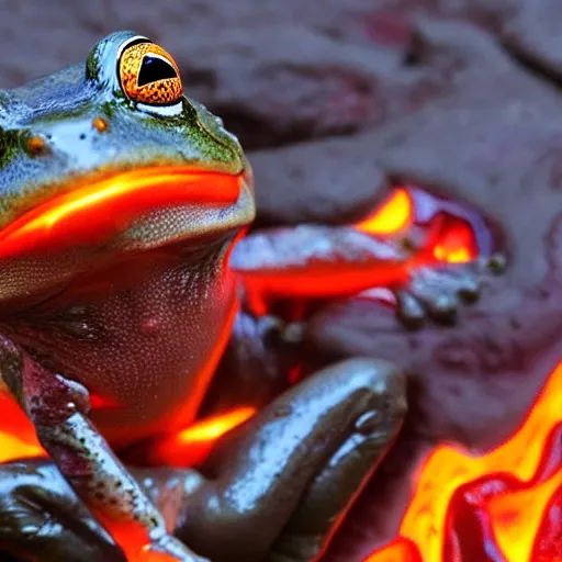 Image similar to frog screaming at an ocean of lava split in two