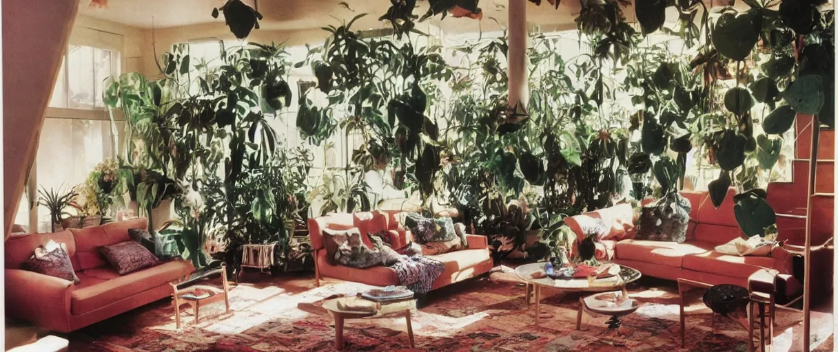 Prompt: 1970s interior design magazine photo of a living room with hanging plants, cacti, slight smoke, couches, boulders, sunfaded, grainy, and a kitten the couch, circular windows, and an a-frame ceiling