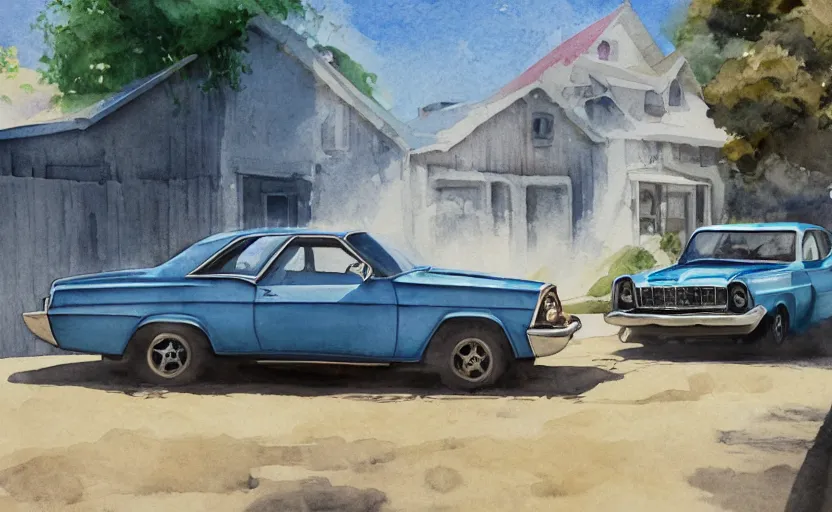 Image similar to a watercolor painting of a chevrolet opala parked near a 1 9 0 0 s house, digital painting, masterpiece, hyperrealistic, concept art, trending on deviantart, highly detailed, high quality, 4 k, symmetrical, low contrast, watercolor, warm, soft lighting, path traced, godrays, vintage, soft colors