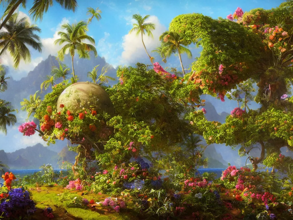 Prompt: kauai springtime, universe is a spheroid region 7 0 5 meters in diameter, sunlight study, art nouveau, by jan davidsz de heem and ( ( ( ( ( lisa frank ) ) ) ) ) and albert bierstadt, 8 k, extreme detail, sharp focus, octane render