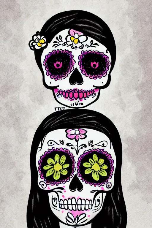 Prompt: Illustration of a sugar skull day of the dead girl, art by tim doyle