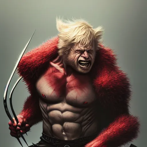 Image similar to Boris Johnson as Wolverine, marvel, dark, intricate, highly detailed, smooth, artstation, digital illustration by Ruan Jia and Mandy Jurgens and Artgerm and Wayne Barlowe and Greg Rutkowski and Zdislav Beksinski, octane render, hyper realistic, sharp focus, 8k