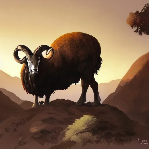 Image similar to ram caught with its horn in a bush. Desert mountain background. Sunrise. digital painting, by Frank Frazetta and Yusuke Murata, concept art, highly detailed, promotional art, HD, digital painting, trending on ArtStation, golden ratio, rule of thirds